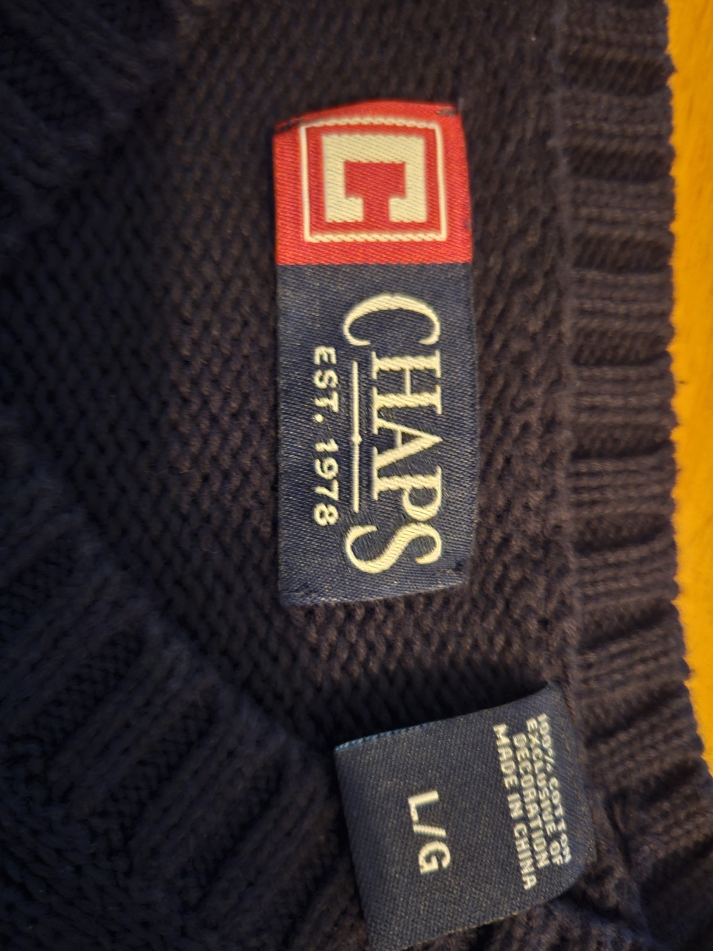 Chaps Men's Crewneck Sweater in Navy with Red Logo Accent